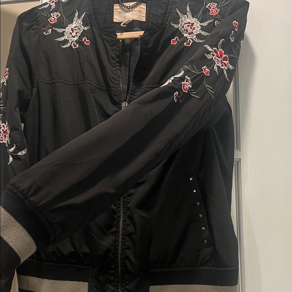 BCBGeneration Black Bomber Jacket with Floral Emb… - image 6